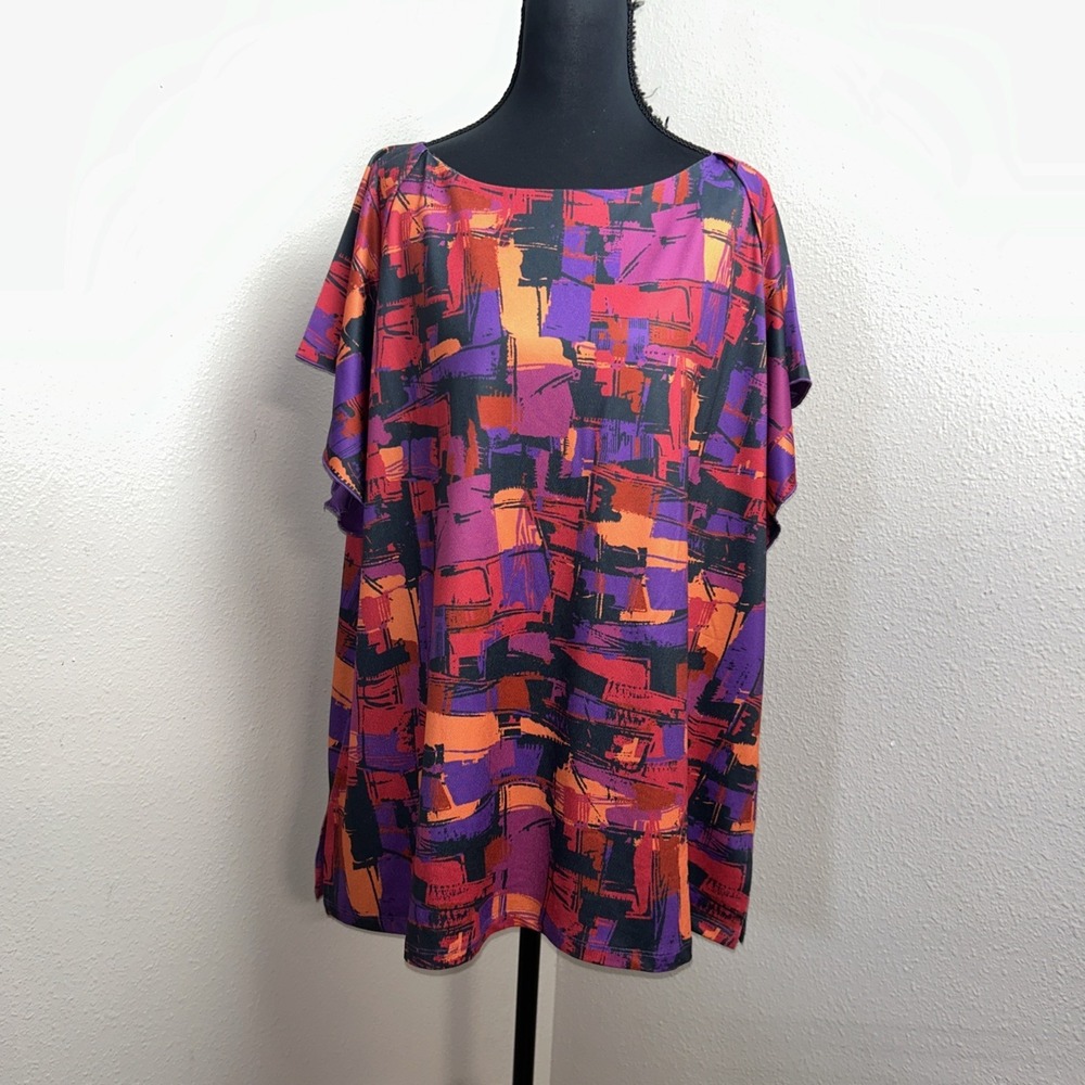 Kate & Mallory Blouse Women's 2X Multicolor Abstract Short Sleeve Stretch Artsy